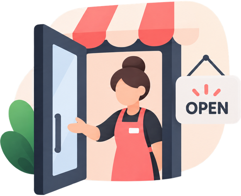 A shopkeeper holding the door open